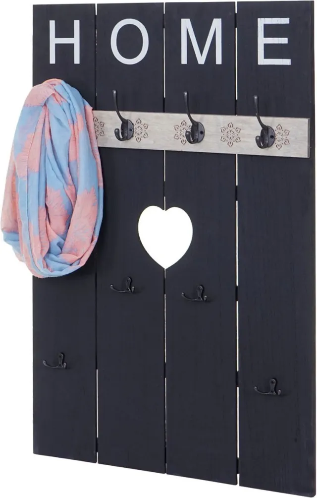 Cosmo Casa Muurkapstok - Home - Kapstokpaneel - Vintage shabby look - 8 haken 91x60 cm - Donkergrijs - Shabby