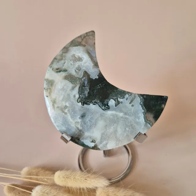 Moonlight Gemstones XL Edelsteen Mosagaat Maan op Standaard (Druzy & Patronen) #166 - 209g