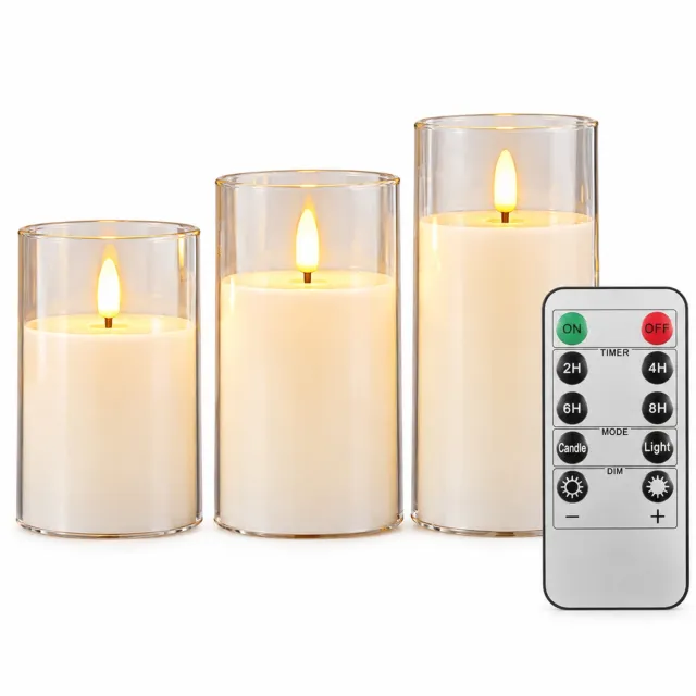 SWGOTA led kaarsen, set van 3 witte kaarsen met afstandsbediening, vlakke rand en vlamvormige led, diameter 7,5 cm, hoogtes 10/12,5/15 cm