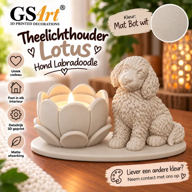GSArt Theelichthouder Lotus Labradoodle Hond – LED – Mat Bot wit