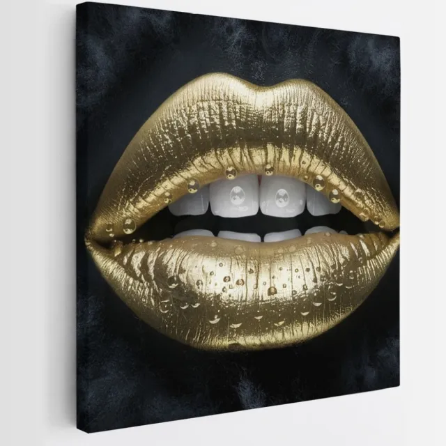Saammp Canvas Schilderij - Goude Lippen - Abstract - 30x30 - Foto op canvas - Wanddecoratie - Muurdecoratie Woonkamer - Slaapkamer decoratie - Canvas Print Multicolor