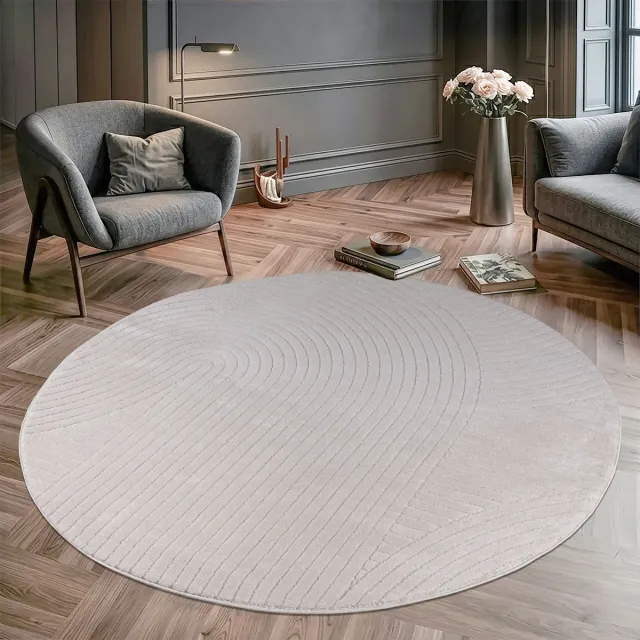 Muratap Vivant Japandi Art - Rond Vloerkleed Laagpolig Effen - Creme- 160 CM Ø