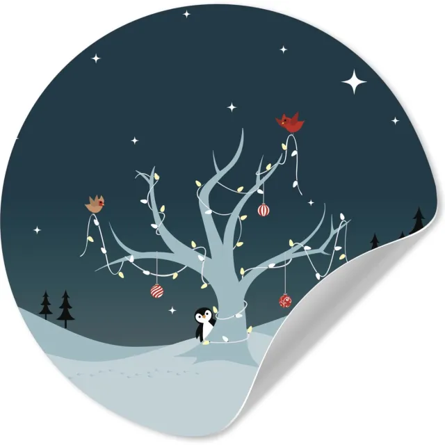 WallCircle Behangcirkel 30x30 cm - Muurstickers Illustratie van twee pinguïns die een kerstboom versieren - Muurcirkel woonkamer - Wandcirkel slaapkamer - Kamer decoratie zelfklevend - Muurdecoratie accessoires multicolor