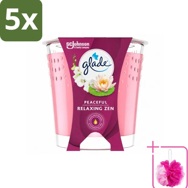 Glade 5 x Glade - Geurkaars Relaxing Zen - 100% Raapzaadwas - 112 g - Bulkverpakking - Geurkaars rust - Douchemop - Geurkaars ontspanning lichtblauw
