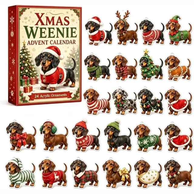 KZQ Dachshund Adventskalender 2026 – Teckel Adventskalender met 24 Dagen en 24 2D Acryl Kersthangers – Kerst Aftelkalender en Kerstboomdecoratie – Teckel Cadeau voor Hondenliefhebbers – Verzamelgeschenk Meerkleurig