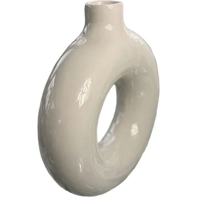 VXhome Cirkel - Handgemaakte Designvaas Porselein - Wit Hoogglans - Waterdicht - 30 x 30 x 10 cm