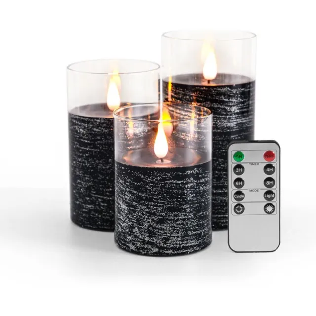 Moli Shop LED kaarsen 3 stuks-Kaarsen Batterijkaarsen, zuilkaarsen Werkt op batterijen met afstandsbediening en timer-Zwart