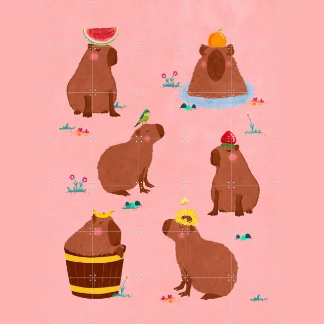 IXXI Capybara Collage, Raissa Oltmanns - 100 x 140 cm - Grote wanddecoratie en posters - Kleurrijk, Fantasierijk, Speels, Illustraties, Cartoonesk Bruin / Roze