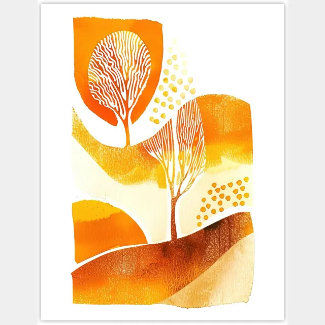 Unyqoos Grote abstracte aquarelposter met herfstbomen voor woonkamerdecoratie, oranje