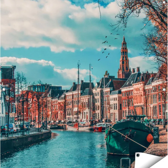 Gards Tuinposter Gracht in Groningen - 100x100 cm - Tuindoek - Tuindecoratie - Wanddecoratie buiten - Tuinschilderij Multikleur