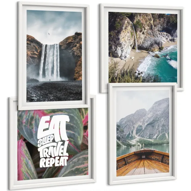 TULUP 4-Delige Schilderij Set - Waterval Bergen Reizen Natuur Lodz | Vegetatie - 40x40 en 40x60 - Muurdecoratie - Interieur Decoratie - Moderne Wanddecoratie Witte lijst