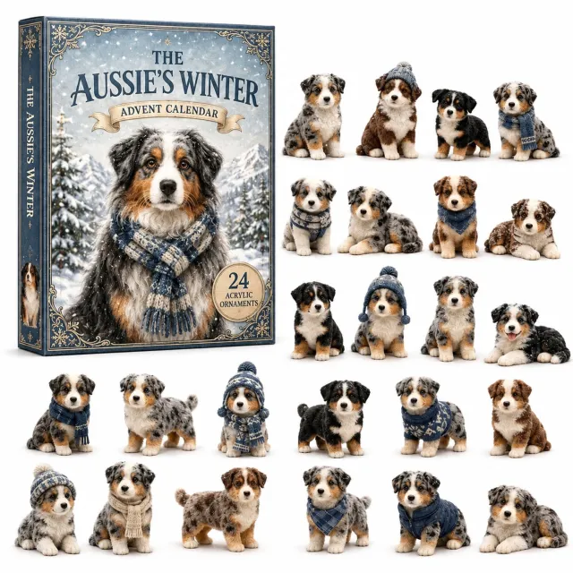 SWGOTA Adventskalender met Australian-shepherdpuppy's - 24 platte hangdecoraties in winterthema, in papieren doos Blauw