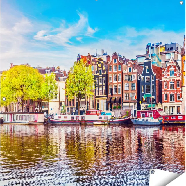Gards Tuinposter Amsterdamse Huisjes aan het Water - 100x100 cm - Tuindoek - Tuindecoratie - Wanddecoratie buiten - Tuinschilderij Multikleur