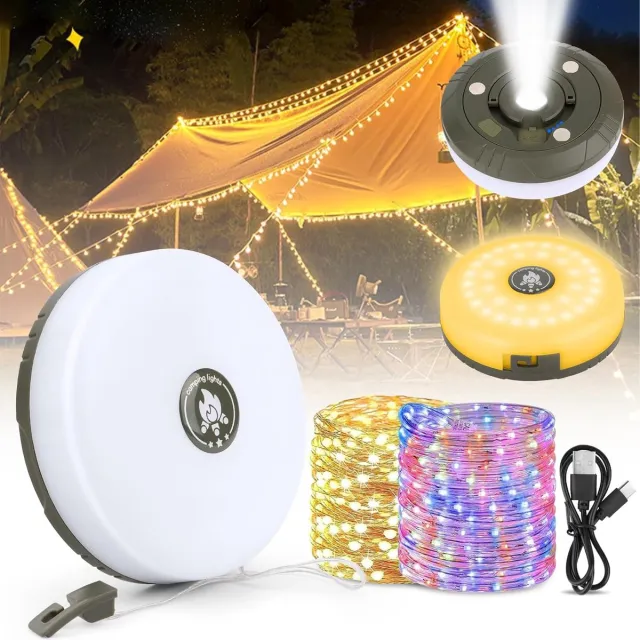 Huttutu Lichtsnoer - Campinglichtsnoer - Oprolbare Campinglamp met 10m LED Lichtsnoer - Warm Wit + RGB - IP67 Waterdicht - USB Oplaadbaar - Draagbaar en Opbergbaar - Voor Buiten, Tent, Tuin en Camper - 1 stuk