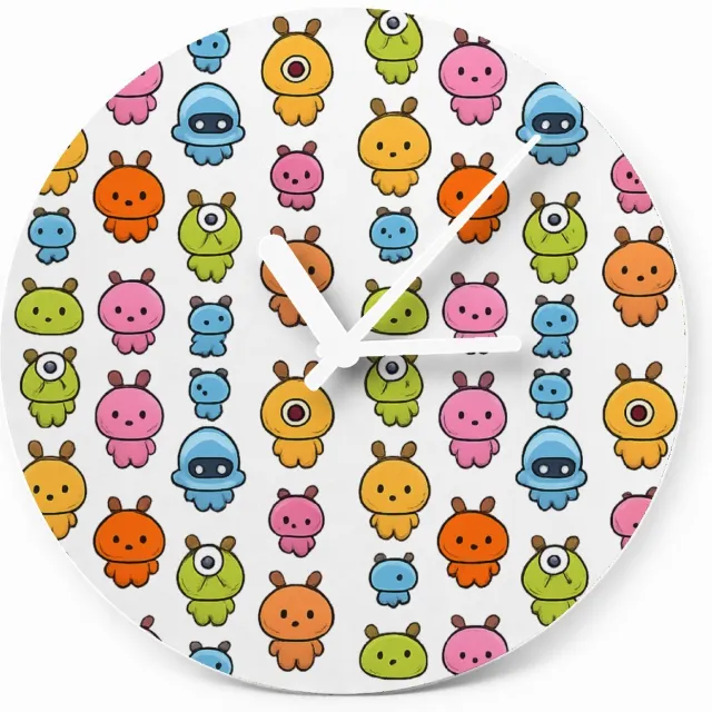 Mr Cadeautjes Glazen klok Ø 20 - design Herhaald patroon van kleine ruimtewezens in zachte pastelkle | cadeau Wit