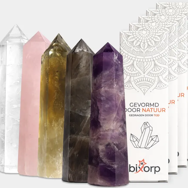 Bixorp Gems Edelsteen Punt set met Bergkristal + Rozenkwarts + Citrien + Rookkwarts + Amethist - Edelstenen Obelisk - Decoratieve Toren van 100% Natuurlijke Edelsteen - 6 tot 8cm *Bundel Bergkristal + Rozenkwarts + Citrien + Rookkwarts + Amethist