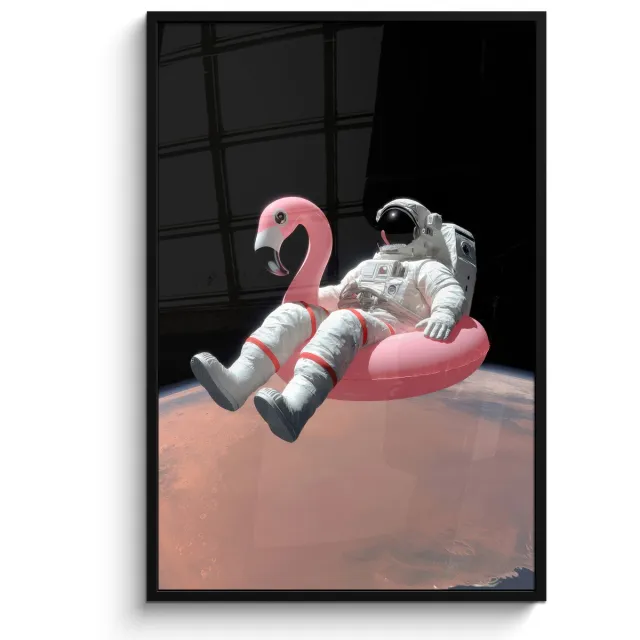 FrameYourWall Poster in lijst - Fotolijst 80x120 cm - Posters - Astronaut - Flamingo - Zwemband - Roze - Posterlijst zwart - Decoratie - Wanddecoratie woonkamer - Muurdecoratie slaapkamer