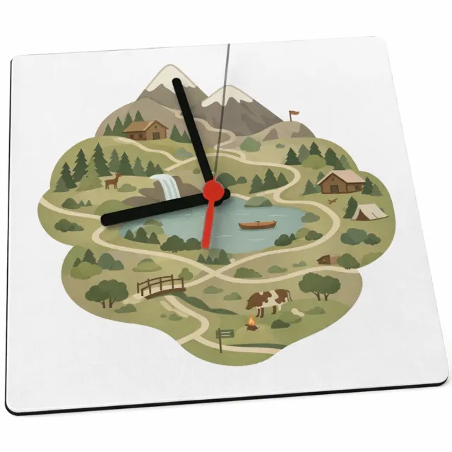 Mr Cadeautjes Klok 19 x 19 - design Een gestileerde bergregio met wandelroutes, hutten en kleine | cadeau Wit