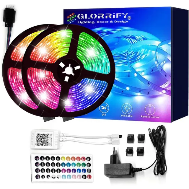 GLORRIFY LED Strip 10 meter – RGB verlichting – Bluetooth App & Afstandsbediening – Muziek Sync – Dimbaar – Sfeerverlichting Multicolor
