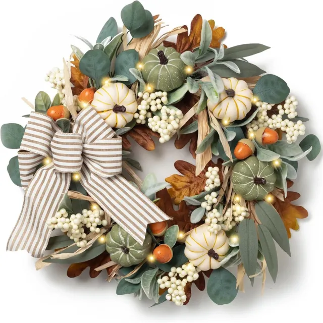 Flintry Herfstkransen voor buiten, boerderij herfstdeurkrans met strik pompoen bessen, herfstdecoraties voor buiten veranda huis Thanksgiving oogst Halloween, verlichting niet inbegrepen, 45 cm 45cm