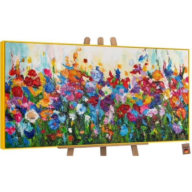 YS Canvas schilderij groot handgeschilderd bloemenkleuren botanisch uitbundig – YS-Art Gallery – Vrolijke wanddecoratie voor woonkamer – Modern schilderij voor slaapkamer en hal Yellow
