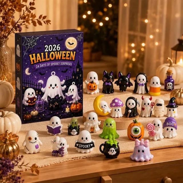Yoirzit Halloween adventskalender 2026, 24 dagen griezelige aftelbox met 24 mini-figuurtjes, verrassingsdoos met acryl Halloween decoratie voor thuis, bureau, plank of schoorsteenmantel, Halloween feestartikel, vakantiecadeau, schattig spookje Zwart