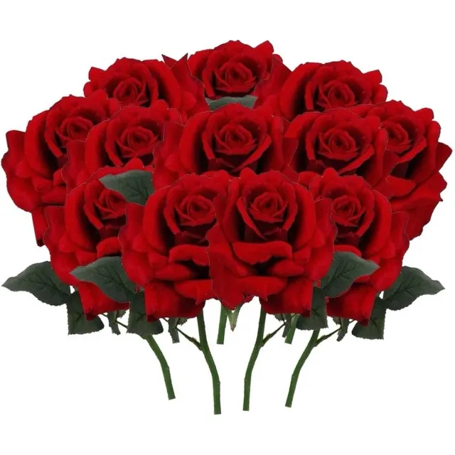 Bellatio Flowers & Plants Top Art Kunstbloem Roos de luxe - 12x - rood - 30 cm - kunststof steel - decoratie bloemen