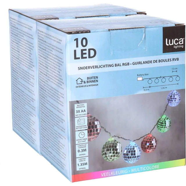 Luca Lighting LED discobollen lichtsnoer - 2x - 10 led bolletjes -gekleurd - 150 cm - disco - spiegelbollen - discofeest