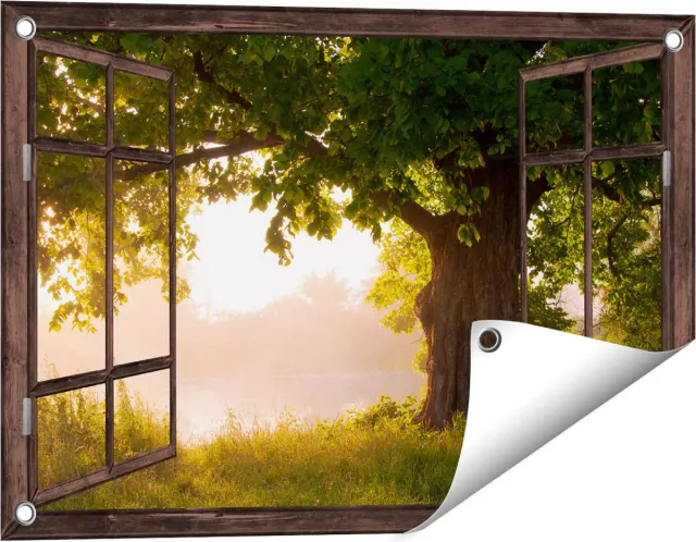 Gards Tuinposter Doorkijk Eikenboom aan het Water met Volle Bladeren - 60x40 cm - Tuindoek - Tuindecoratie - Wanddecoratie buiten - Tuinschilderij Donker bruin