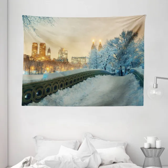 ABAKUHAUS Winter Wandtapijt en Sprei, Central Park in New York, 150 x 110 cm, Oranje Wit Olijfgroen Oranje, wit, olijfgroen