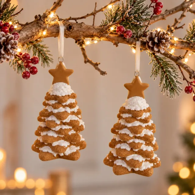 ZoeZo Design 6 stuks - Kersthanger - kerstboom - polyresin - L11,5 x Br6,5 x Ø 6,5 cm - zwaar ornament bruin - wit - glitter