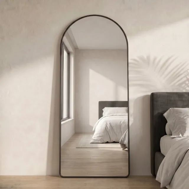 Cozy Casa Gebogen spiegel 71 × 26 inch (ca. 180 × 80 cm) – volledige lengte, staand model, kantelbaar, aluminium frame, geschikt voor woonkamer, slaapkamer of kleedkamer, zwart frame