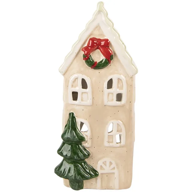 Clayre & Eef Waxinelichthouder Huis 9x8x20 cm Beige Keramiek