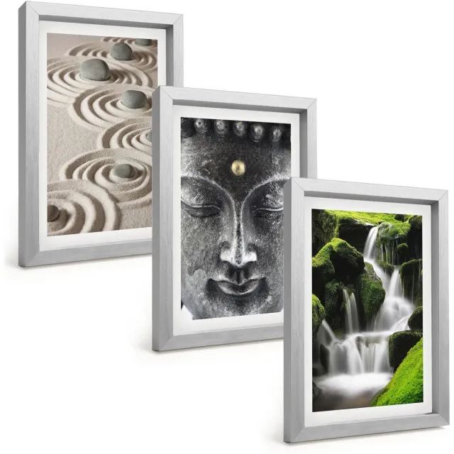 TULUP 4-Delige Schilderij Set - Rust van de natuur met stenen, een waterval en een Boeddha. - 20 x 30 cm - Stijlvolle Muurdecoratie - Kantoor - Moderne Wanddecoratie Zilveren lijst