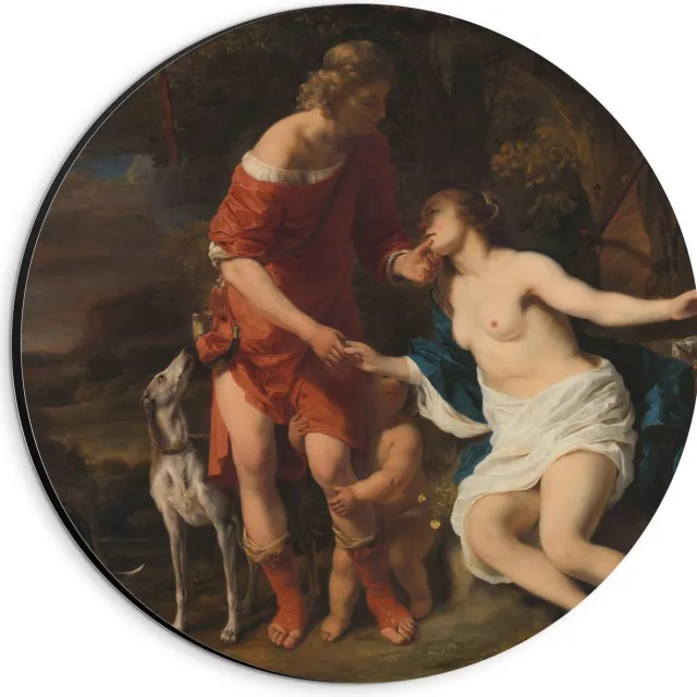 KuijsFotoprint Dibond Wandcirkel - Oude Meesters - Venus en Adonis, Ferdinand Bol, ca. 1658 - 20x20cm Foto op Aluminium Wandcirkel (met ophangsysteem) Rood