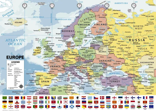 Posterpoint Europa Europakaart poster - Landen - steden - Berlijn - Madrid - Educatief - school - Vlaggen - 50 x 70 cm multi