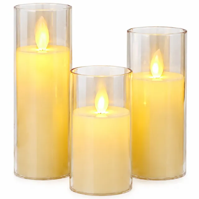 SWGOTA led kaarsen, set van 3, ivoorkleurig met bewegende vlam en transparante kap, diameter 5,5 cm, hoogtes 10/12,5/15 cm, voor kerstdecoratie