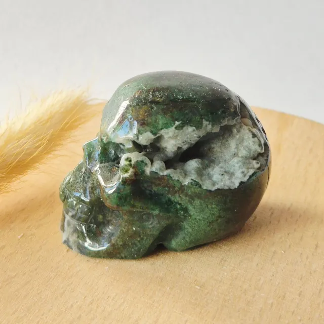 Moonlight Gemstones Mosagaat Skull Carving #8 | 5–6 cm Geslepen Edelsteen Meerkleurig