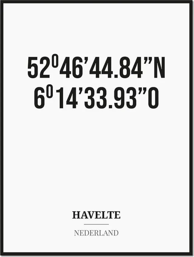 Studio216 Poster/kaart HAVELTE met coördinaten zwart, wit