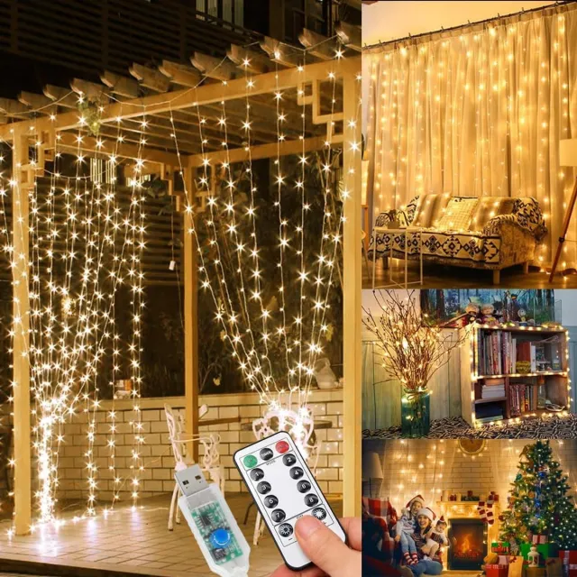 Daity Fairy Lights - 3 x 3m 300 LED lichtgordijn - 8 standen - geschikt voor binnen en buiten - kamer- feest- balkondecoratie - kerstdecoratie (warm wit) [Energie-efficiëntieklasse G]