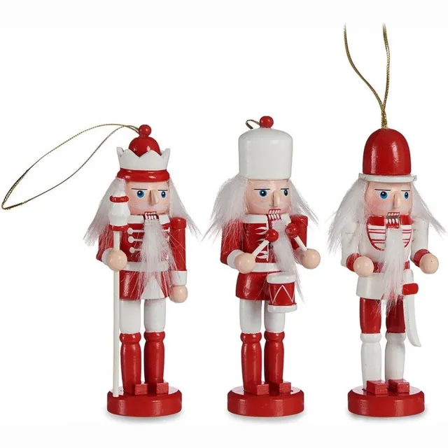 Krist+ Kerstboom notenkrakers - 3x - rood/wit - 12,5 cm - hout - kerstornamenten / kerstversiering