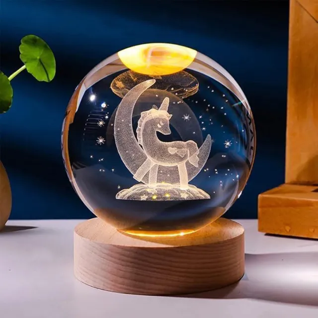 Mazaico 3D Kristallen Bal Nachtlampje - Unicorn - LED Glas Licht Hologram Lamp met Massief Houten Basis - Nachtlamp - Cadeau idee - Verlichting - USB aansluiting Transparant-unicorn
