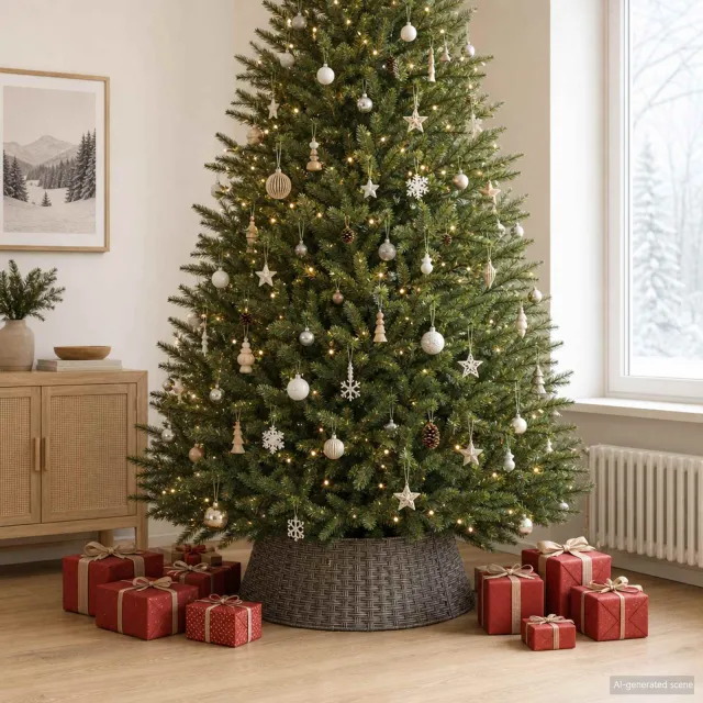 vidaXL Kerstboomkraag Rond Grijs Dia. 105 x 28 cm poly rattan