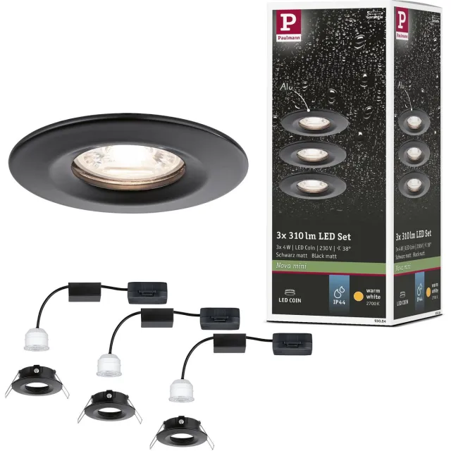 Paulmann LED-inbouwlamp Nova Mini Coin Basisset star IP44 rond 66 mm Coin 3x4W 3x310lm 230V 2700K Zwart mat