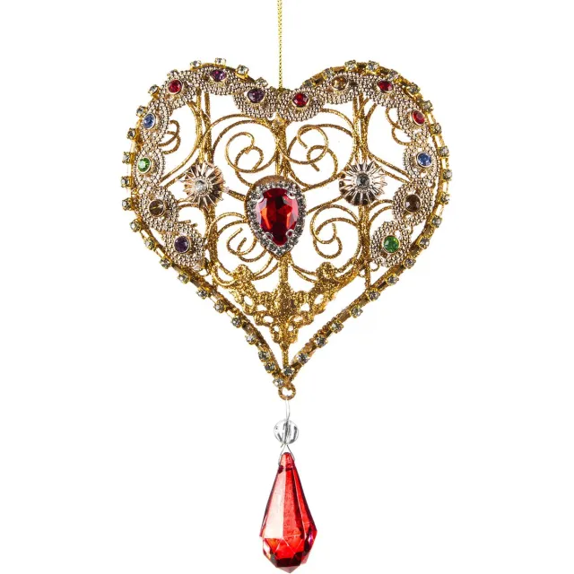 Goodwill Kerstbal Hart met Juwelen - Goud-Rood - 15 Cm