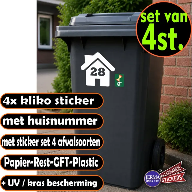 JERMA allerhandestickers Jerma - 4 Kliko-Stickers Huisje met Huisnummer + 4 Afvalsoorten Stickers Wit 4 huisjes