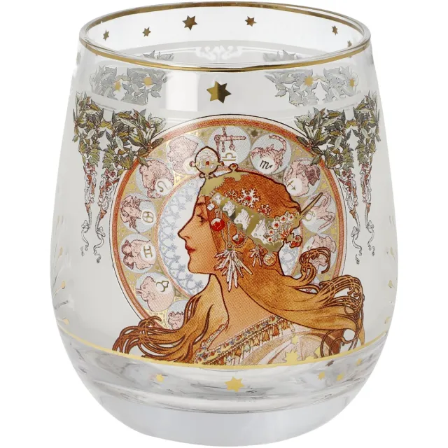 Goebel: Alphonse Mucha Goebel - Alphonse Mucha | Windlicht / Theelicht Sterrenbeeld | Glas - 9cm - waxinelicht houder - met echt goud Divers