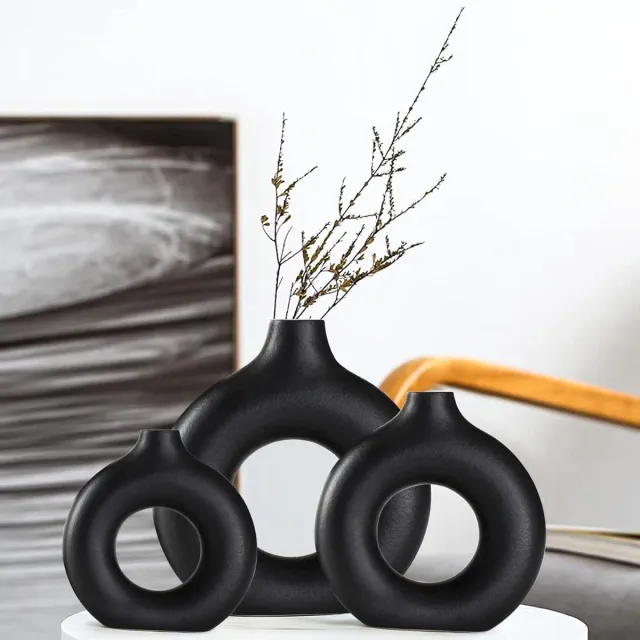 Famanu Set van 3 decoratieve vazen van zwart keramiek voor moderne interieurdecoratie - ronde matte vazen voor pampasgras - esthetische vazen - neutraal - boho - Scandinavisch - minimalisme