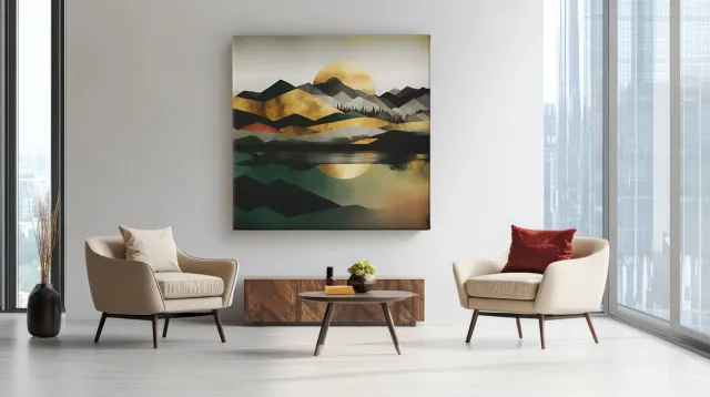 Trendex Global Vierkant Canvas Schilderij - Abstract - Landschappen - Kleurrijk - 100x100x2 cm Goud