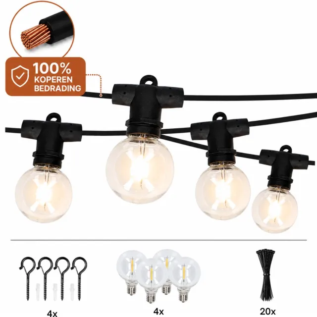 Latium G40 Lichtsnoer Buiten – IP65 – Prikkabel 12m – 100% Koperen Bedrading – 20 LED – Lichtslinger – Sfeerverlichting Buiten en Binnen – Warm Wit 2700K – 4 Extra LED’s